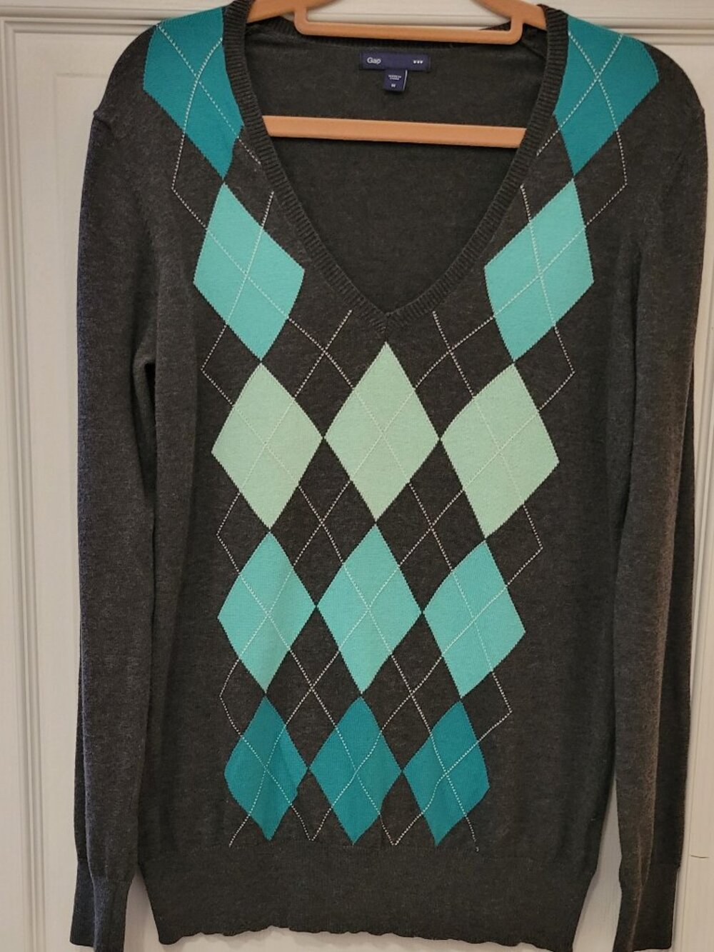 GAP Argyle V-Neck Sweater 100% Cotton Gray Turquoise Size M